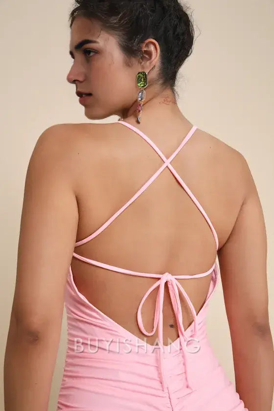 Buyishang Simple Elegant Special occasion Confident Allure Light Pink Ruched Lace-Up Bodycon Mini Dress Party wear