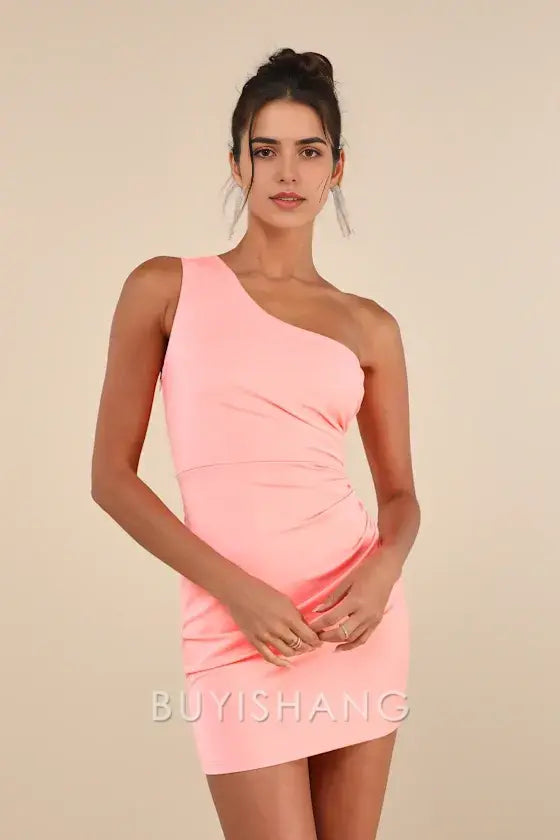 Buyishang Simple Elegant Special occasion Extraordinary Poise Coral Pink One-Shoulder Mini Dress Party wear
