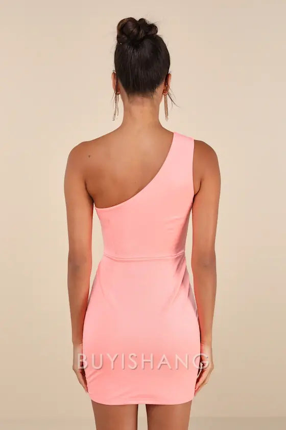 Buyishang Simple Elegant Special occasion Extraordinary Poise Coral Pink One-Shoulder Mini Dress Party wear