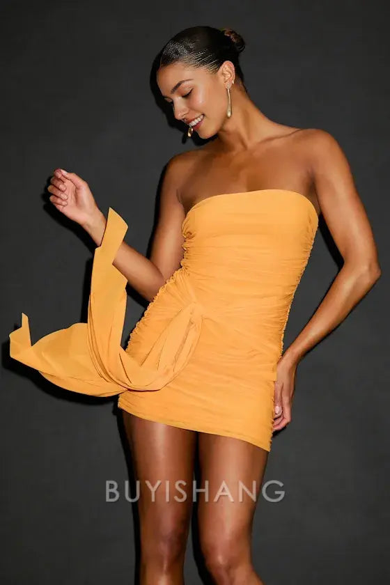 Buyishang Simple Elegant Special occasion Light Orange Mesh Bodycon Sash Mini Dress Party wear