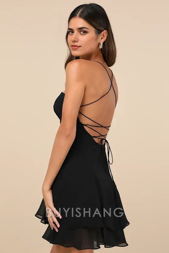 Buyishang Simple Elegant Special occasion Perfected Sweetness Black Pleated Tiered Mini Dress Party wear