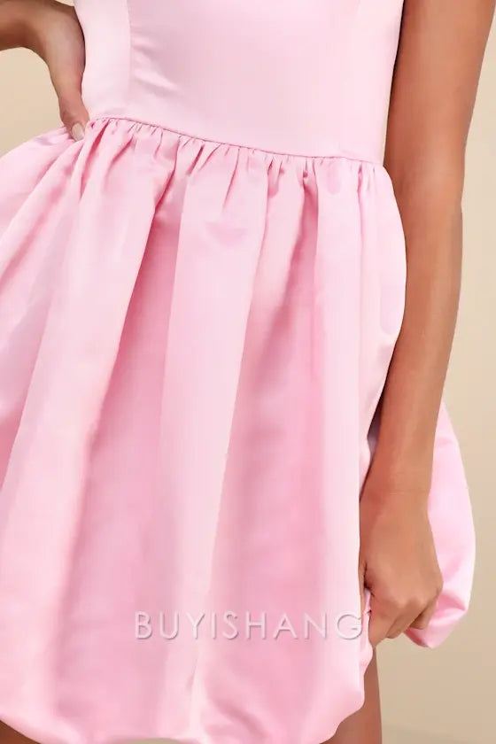 Buyishang Simple Elegant Special occasion Regal Cutie Light Pink Satin Square Neck Bubble-Hem Mini Dress Party wear