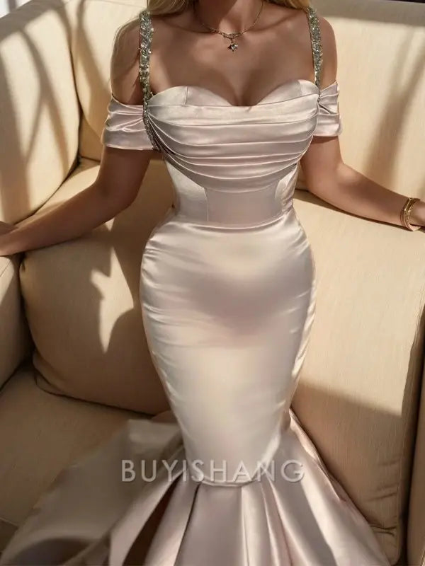 Buyishang Simple Mermaid Cold Shoulder Pleated Sweep Train Satin Dress