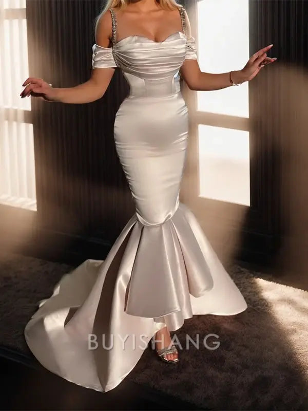 Buyishang Simple Mermaid Cold Shoulder Pleated Sweep Train Satin Dress