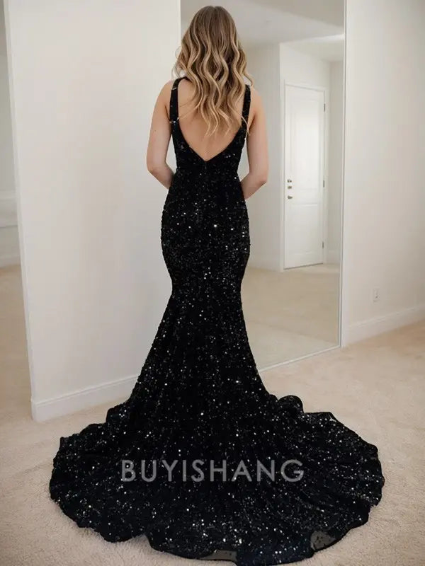 Buyishang Simple Mermaid V-neck Sequin Sweep Train Velvet Sequins Dress