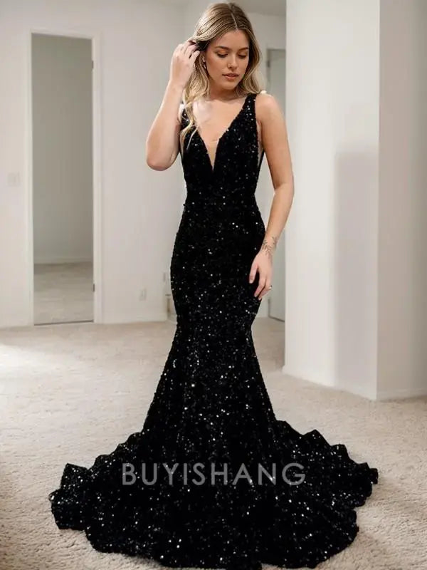 Buyishang Simple Mermaid V-neck Sequin Sweep Train Velvet Sequins Dress