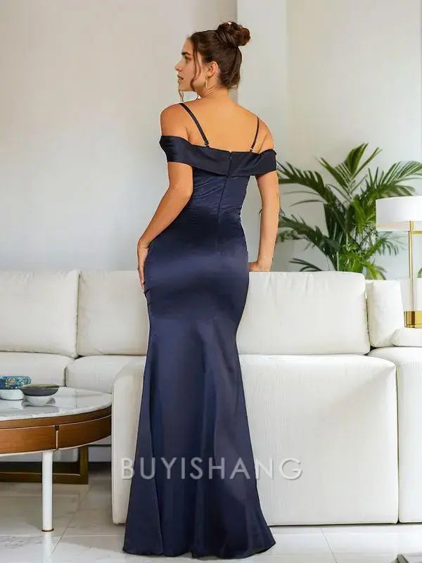 Buyishang Simple Sheath/Column Charmeuse Ruched Off-the-Shoulder Sleeveless Floor-Length Dresses