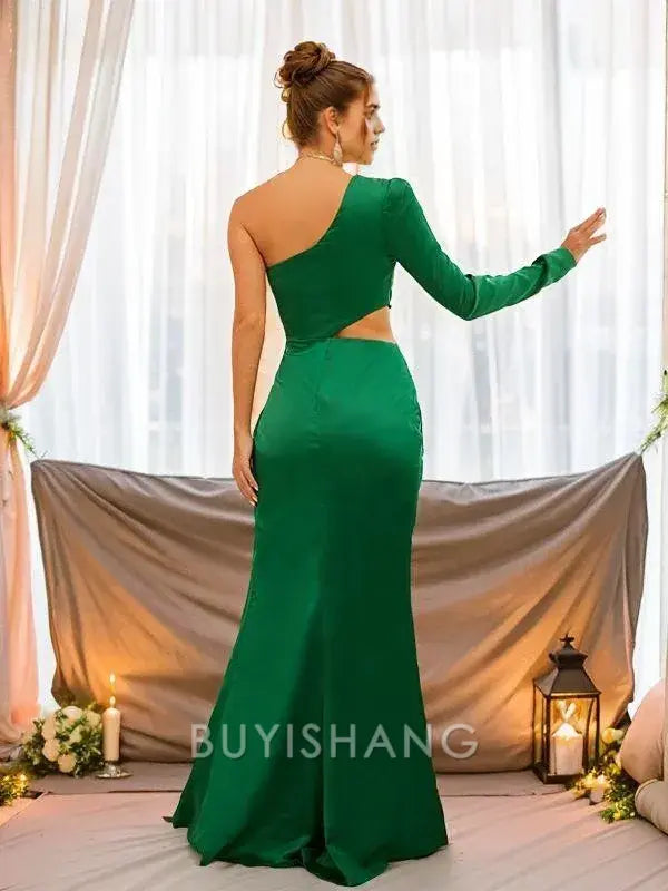 Buyishang Simple Sheath/Column Charmeuse Ruched One-Shoulder Long Sleeves Floor-Length Dresses