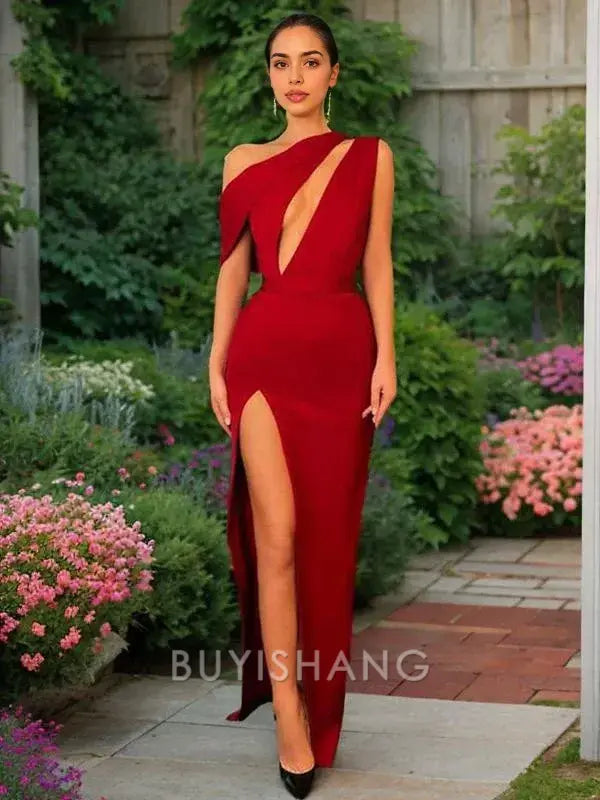 Buyishang Simple Sheath/Column Floor-Length Stretch Crepe Prom Dresses With Leg Slit formal wear dresses