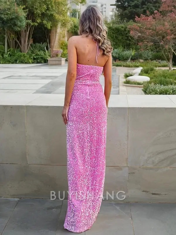 Buyishang Simple Sheath/Column Halter Floor-Length Velvet Sequins Prom Dresses With Leg Slit formal wear dresses