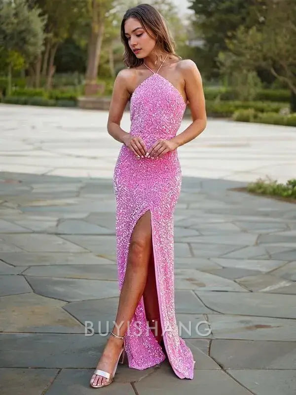 Buyishang Simple Sheath/Column Halter Floor-Length Velvet Sequins Prom Dresses With Leg Slit formal wear dresses