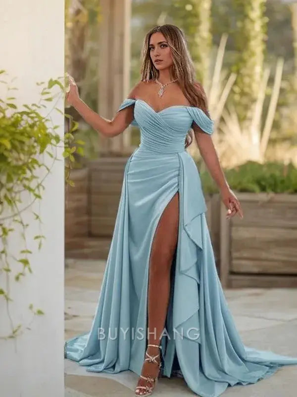 Buyishang Simple Sheath/Column Off-the-Shoulder Sweep Train Jersey Prom Dresses With Leg Slit formal wear dresses