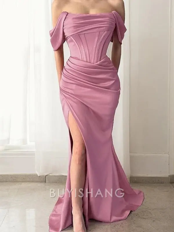 Buyishang Simple Sheath/Column Off-the-Shoulder Sweep Train Silk like Satin Prom Dresses With Leg Slit formal wear dresses