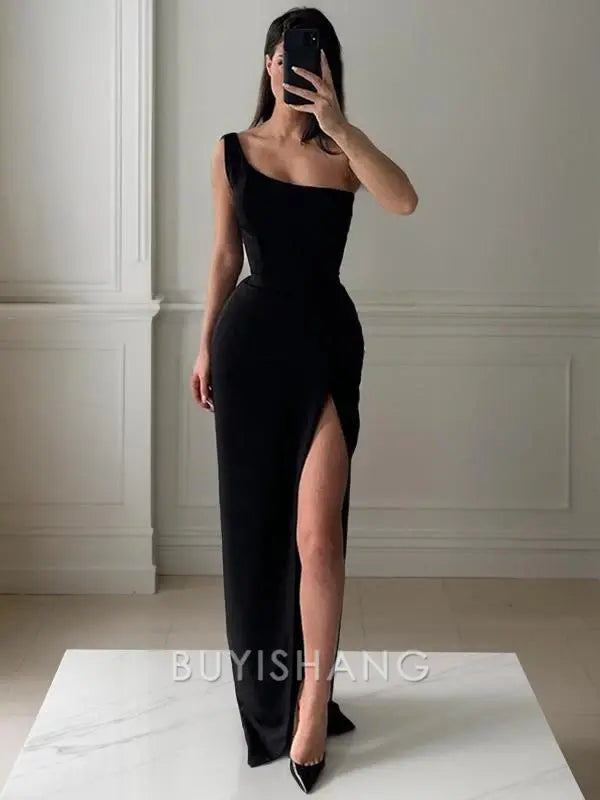 Buyishang Simple Sheath/Column One-Shoulder Floor-Length Stretch Crepe Prom Dresses With Leg Slit formal wear dresses