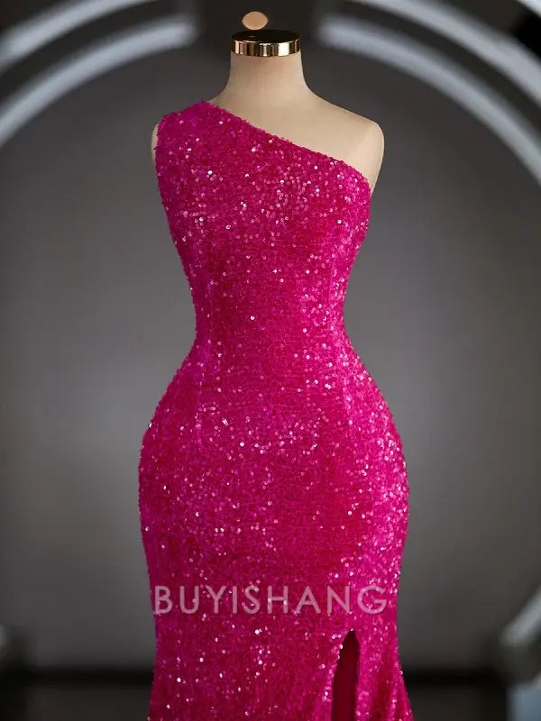 Buyishang Simple Sheath/Column One-Shoulder Sweep Train Prom Dresses With Ruffles