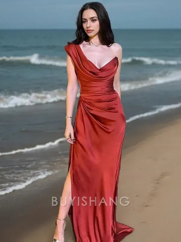 Buyishang Simple Sheath/Column One-Shoulder Sweep Train Silk Like Satin Prom Dresses With Leg Slit formal wear dresses