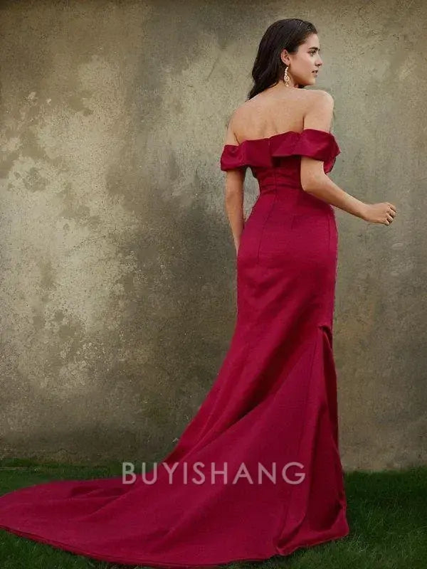 Buyishang Simple Sheath/Column Satin Ruched Off-the-Shoulder Sleeveless Sweep Train Dresses