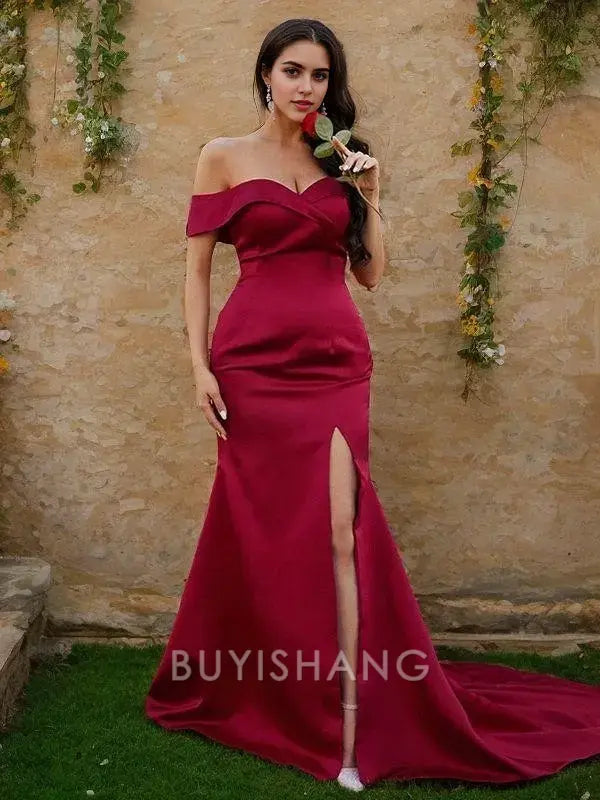 Buyishang Simple Sheath/Column Satin Ruched Off-the-Shoulder Sleeveless Sweep Train Dresses