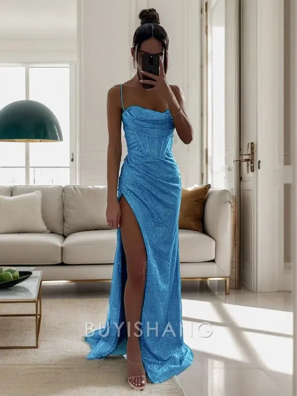 Buyishang Simple Sheath/Column Sequins Ruched Spaghetti Straps Sleeveless Sweep/Brush Train Dresses