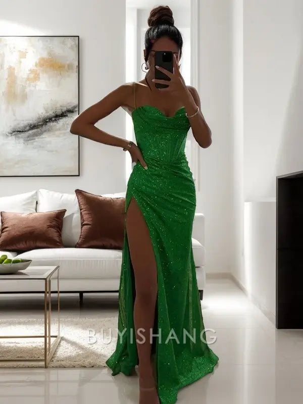 Buyishang Simple Sheath/Column Sequins Ruched Spaghetti Straps Sleeveless Sweep/Brush Train Dresses