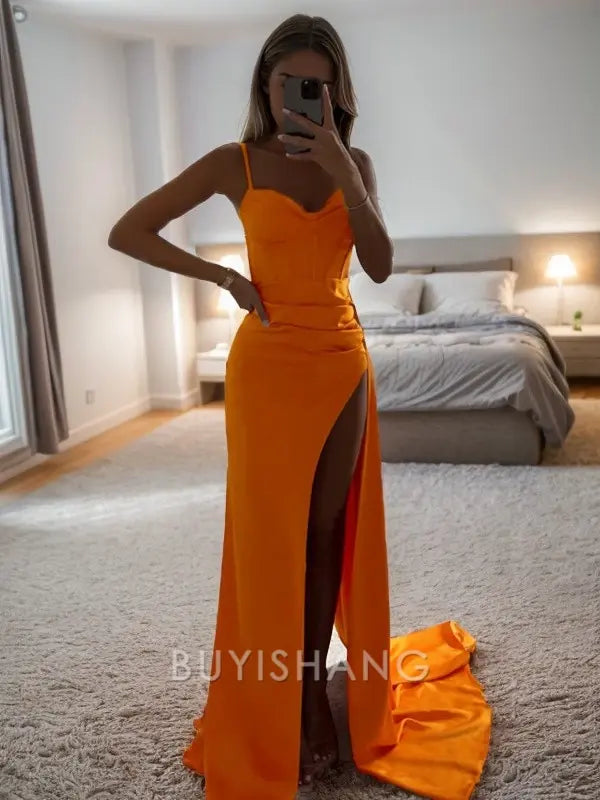 Buyishang Simple Sheath/Column Silk Like Satin Ruched Spaghetti Straps Sleeveless Sweep/Brush Train Dresses