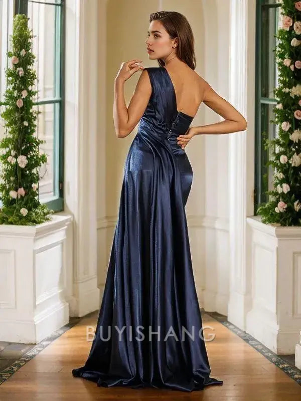 Buyishang Simple Sheath/Column Silk Like Satin Ruffles One-Shoulder Sleeveless Sweep Train Dresses