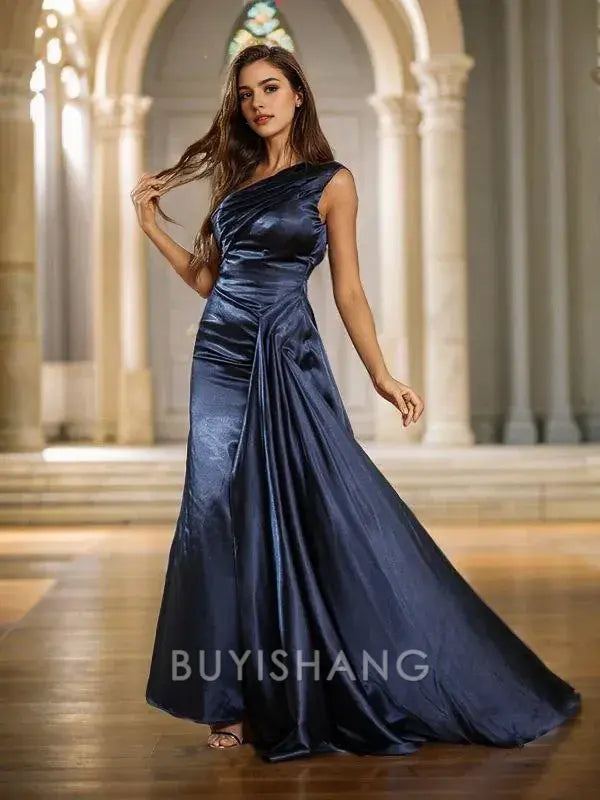 Buyishang Simple Sheath/Column Silk Like Satin Ruffles One-Shoulder Sleeveless Sweep Train Dresses