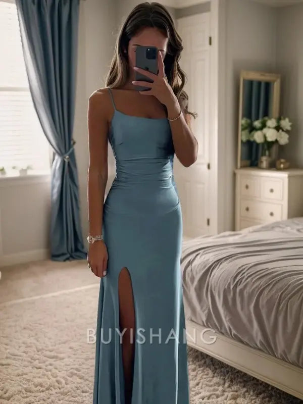 Buyishang Simple Sheath/Column Silk Like Satin Spaghetti Straps Sleeveless Floor-Length Dresses