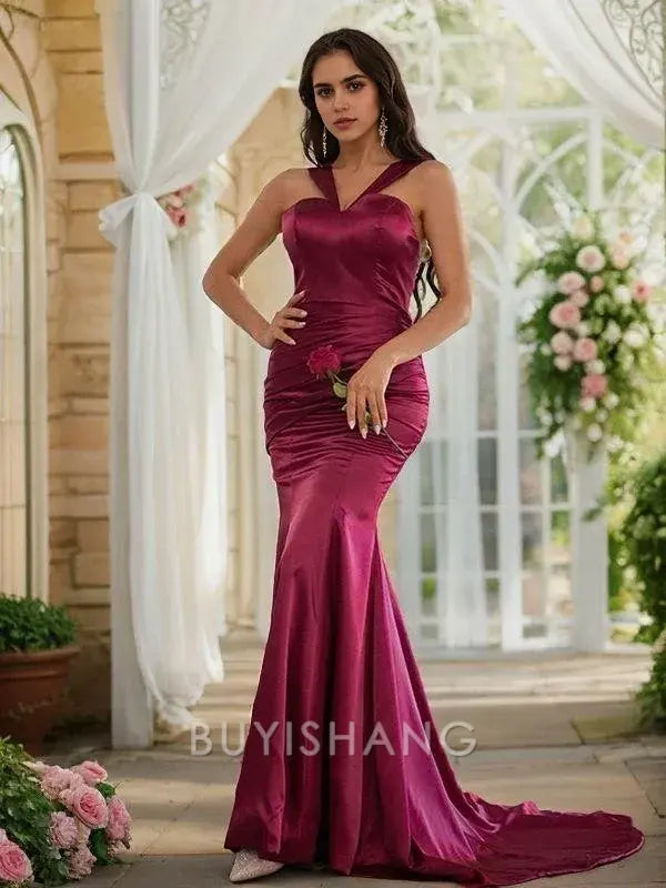 Buyishang Simple Sheath/Column Silk like Satin Ruched Halter Sleeveless Sweep Train Dresses