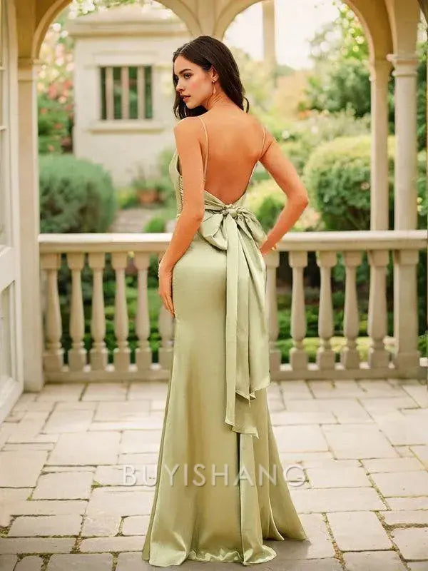 Buyishang Simple Sheath/Column Silk like Satin Ruched Spaghetti Straps Sleeveless Floor-Length Dresses