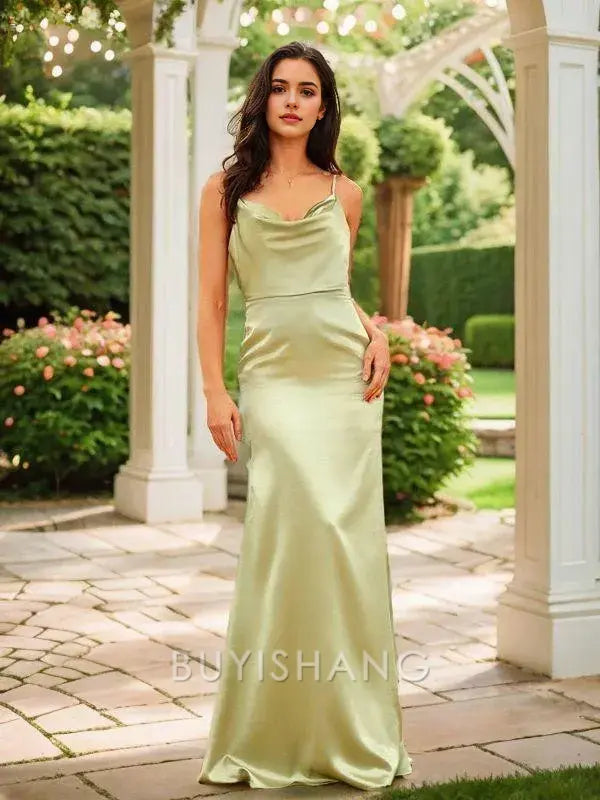 Buyishang Simple Sheath/Column Silk like Satin Ruched Spaghetti Straps Sleeveless Floor-Length Dresses