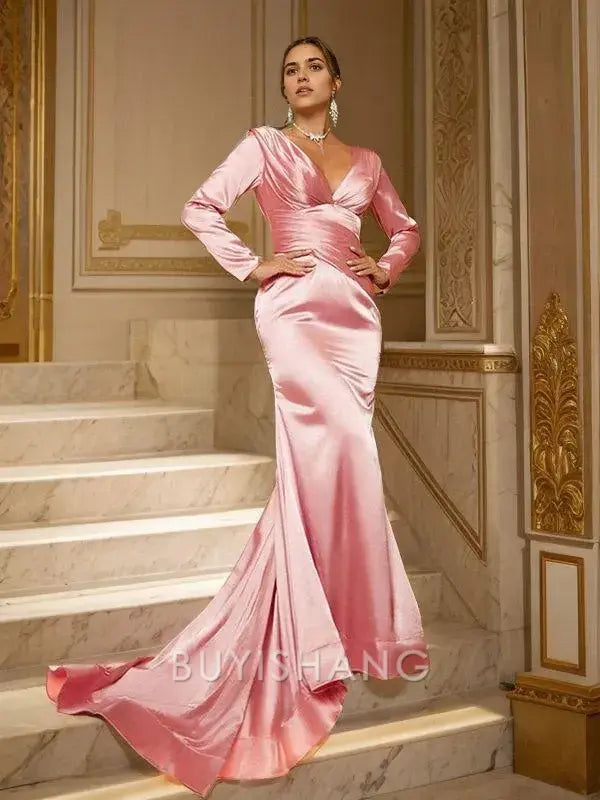 Buyishang Simple Sheath/Column Silk like Satin Ruched V-neck Long Sleeves Sweep Train Dresses