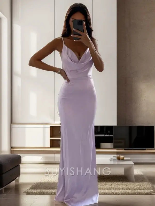 Buyishang Simple Sheath/Column Silk like Satin Ruched V-neck Sleeveless Floor-Length Dresses