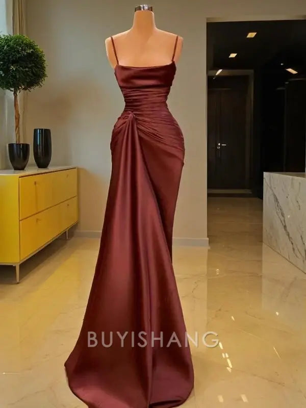 Buyishang Simple Sheath/Column Spaghetti Straps Floor-Length Silk Like Satin Prom Dresses With Ruffles formal wear dresses