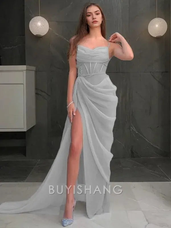 Buyishang Simple Sheath/Column Spaghetti Straps Sweep Train Organza Prom Dresses With Leg Slit formal wear dresses
