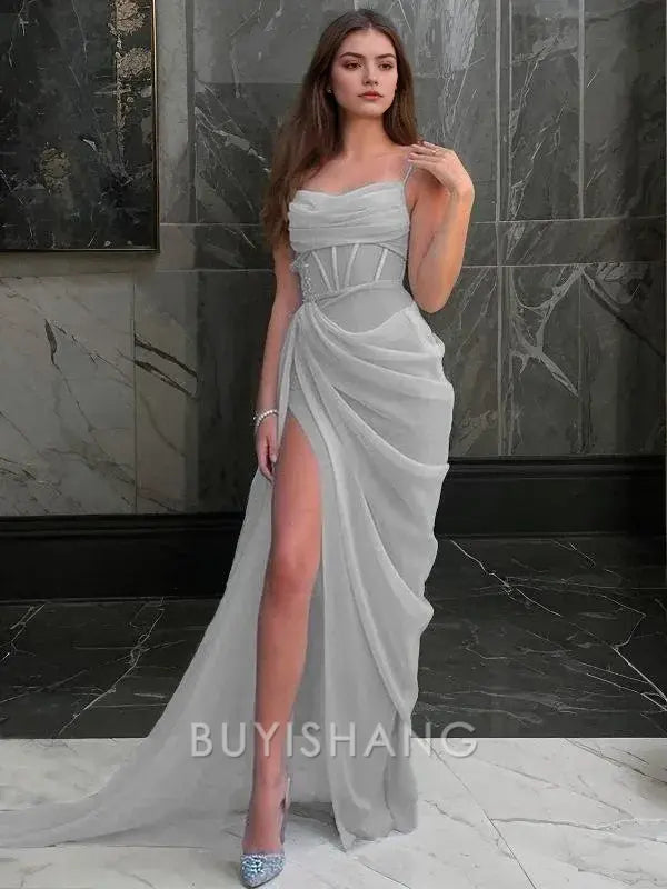 Buyishang Simple Sheath/Column Spaghetti Straps Sweep Train Organza Prom Dresses With Leg Slit formal wear dresses