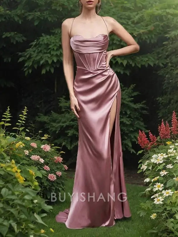 Buyishang Simple Sheath/Column Spaghetti Straps Sweep Train Silk Like Satin Prom Dresses With Leg Slit formal wear dresses
