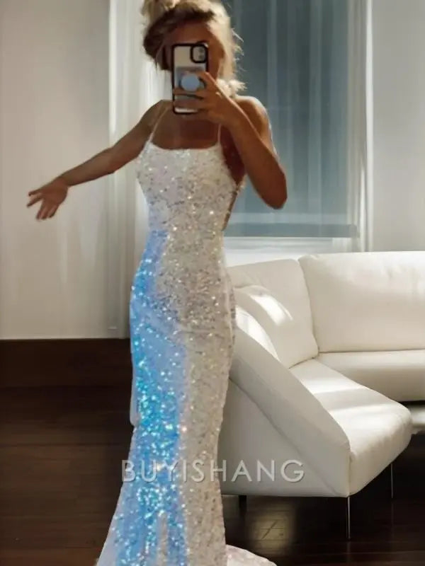 Buyishang Simple Sheath/Column Spaghetti Straps Sweep Train Velvet Sequins Prom Dresses formal wear dresses