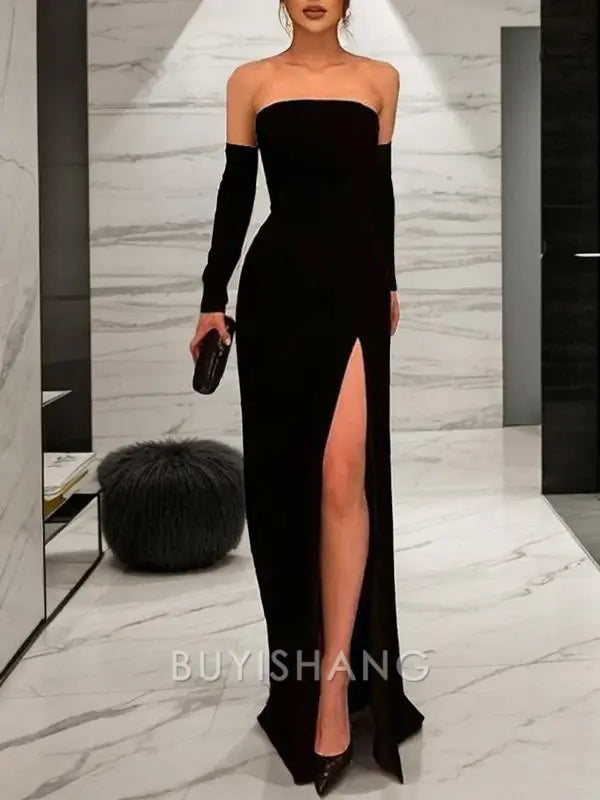 Buyishang Simple Sheath/Column Strapless Floor-Length Stretch Crepe Prom Dresses With Leg Slit formal wear dresses