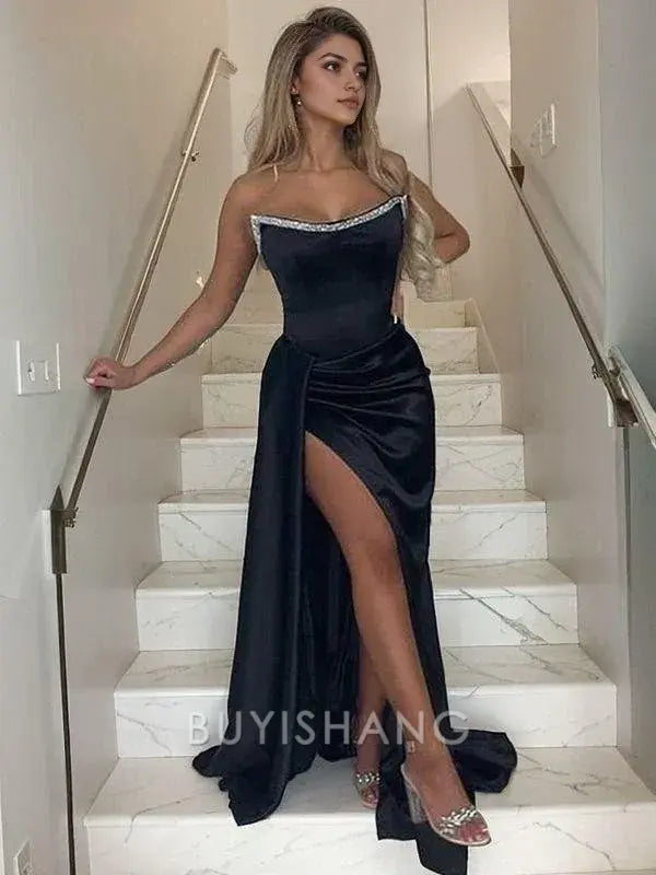 Buyishang Simple Sheath/Column Strapless Sweep Train Satin Prom Dresses With Leg Slit formal wear dresses