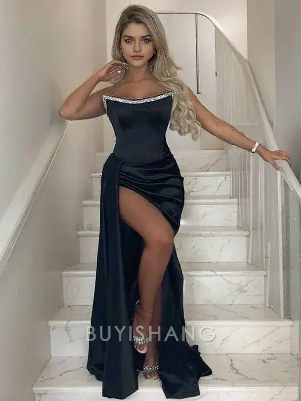 Buyishang Simple Sheath/Column Strapless Sweep Train Satin Prom Dresses With Leg Slit formal wear dresses