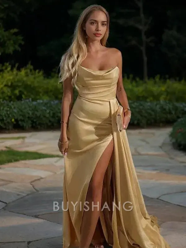 Buyishang Simple Sheath/Column Strapless Sweep Train Silk Like Satin Prom Dresses With Leg Slit formal wear dresses