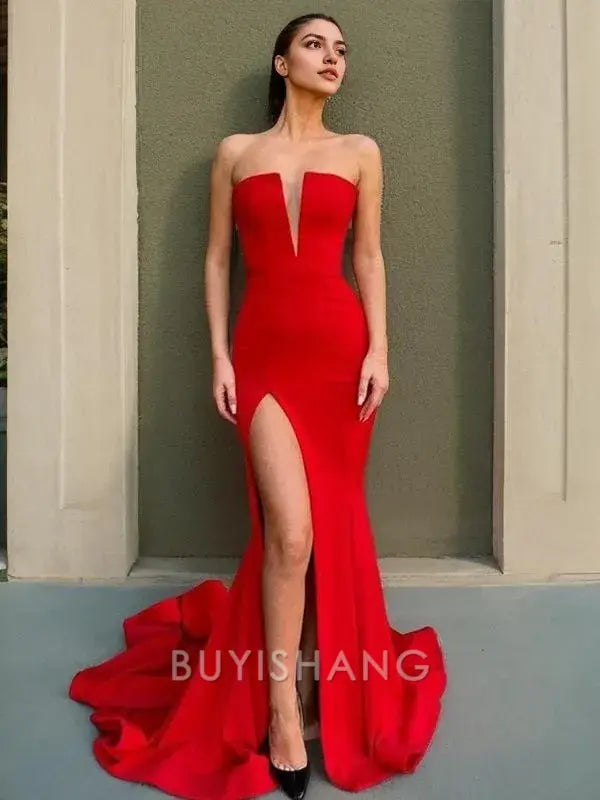 Buyishang Simple Sheath/Column Strapless Sweep Train Silk like Satin Prom Dresses With Leg Slit formal wear dresses