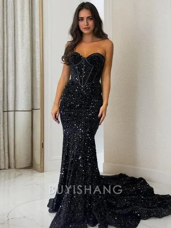 Buyishang Simple Sheath/Column Sweetheart Court Train Velvet Sequins Prom Dresses With Ruffles formal wear dresses