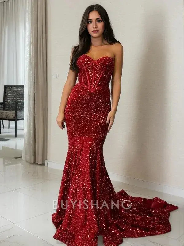 Buyishang Simple Sheath/Column Sweetheart Court Train Velvet Sequins Prom Dresses With Ruffles formal wear dresses