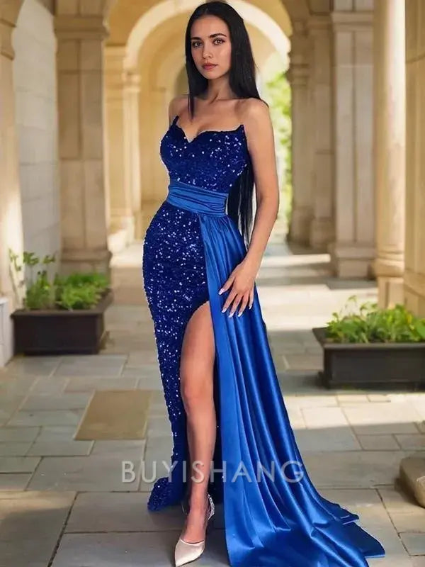 Buyishang Simple Sheath/Column Sweetheart Sweep Train Velvet Sequins Prom Dresses With Leg Slit formal wear dresses
