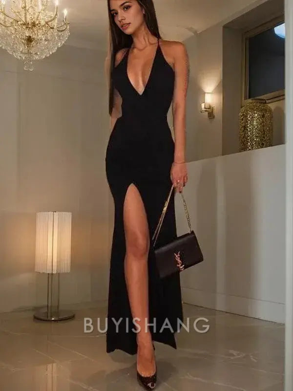 Buyishang Simple Sheath/Column V-neck Floor-Length Stretch Crepe Prom Dresses With Leg Slit formal wear dresses