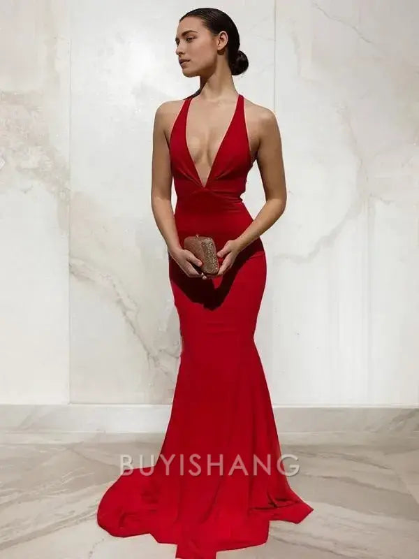 Buyishang Simple Sheath/Column V-neck Sweep Train Jersey Prom Dresses With Ruffles formal wear dresses