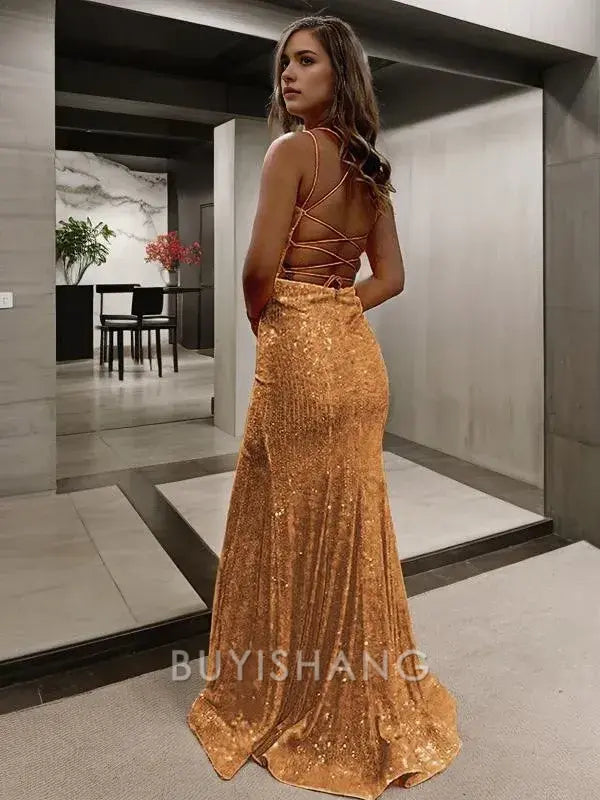 Buyishang Simple Sheath/Column V-neck Sweep Train Prom Dresses With Leg Slit