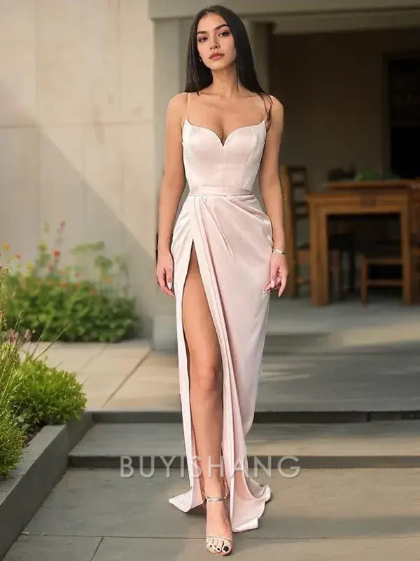 Buyishang Simple Sheath/Column V-neck Sweep Train Silk Like Satin Prom Dresses With Leg Slit formal wear dresses